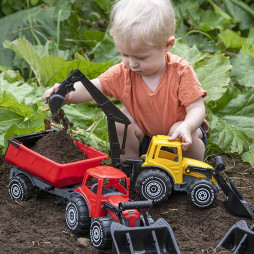 Stor traktor med frontlæsser og trailer grøn 56 cm