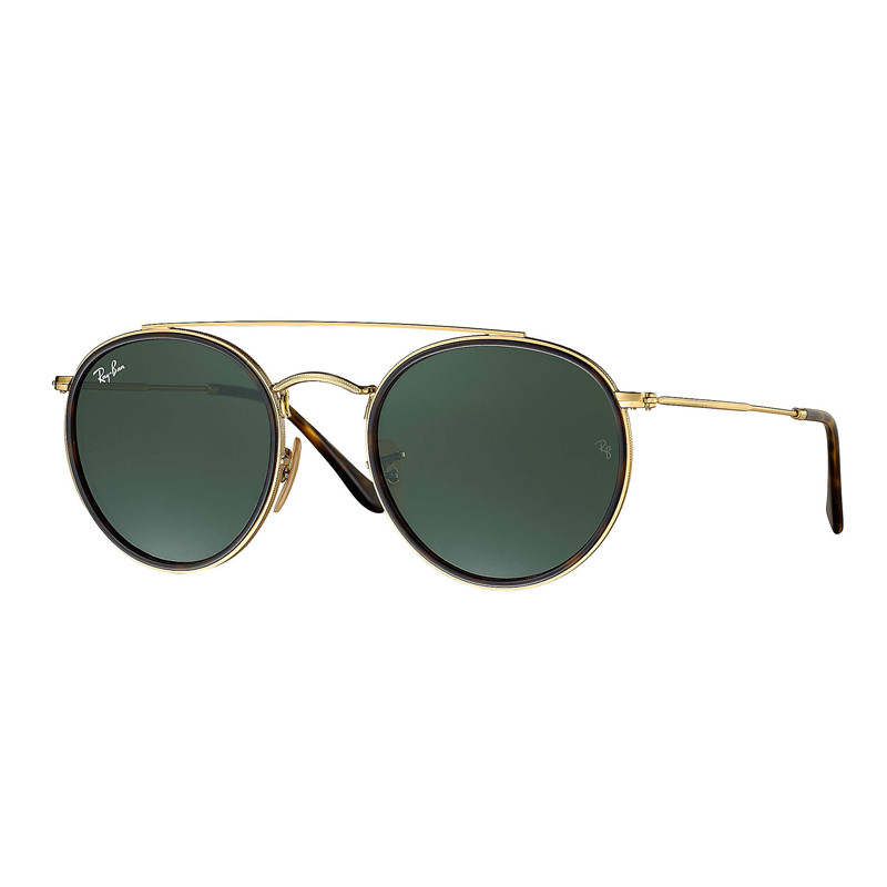 Solbriller, rund med dobbeltbro, Guld/Grøn