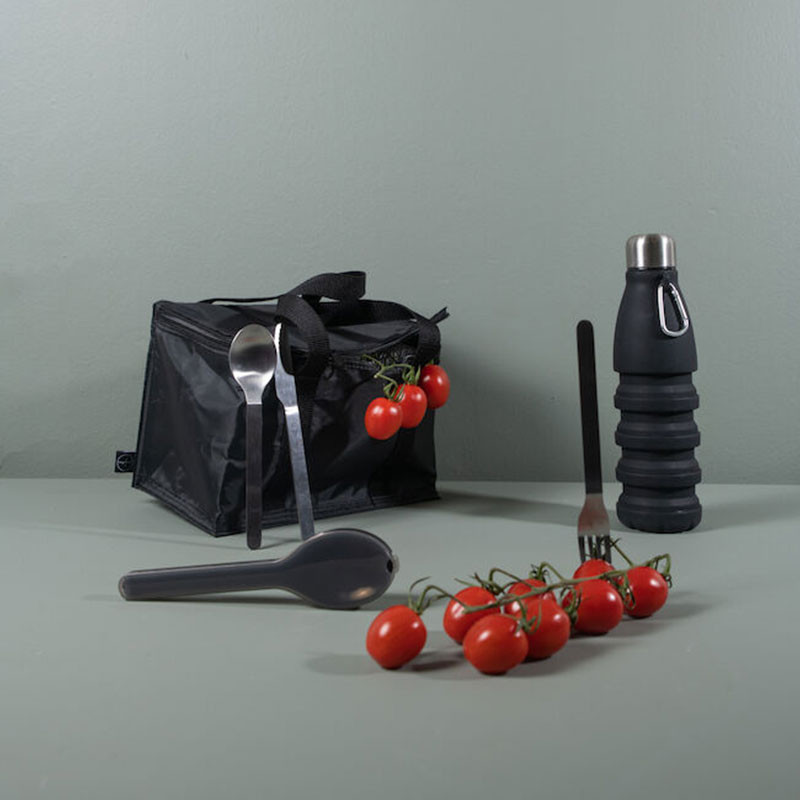 Kit with small cooler bag, bottle & cutlery