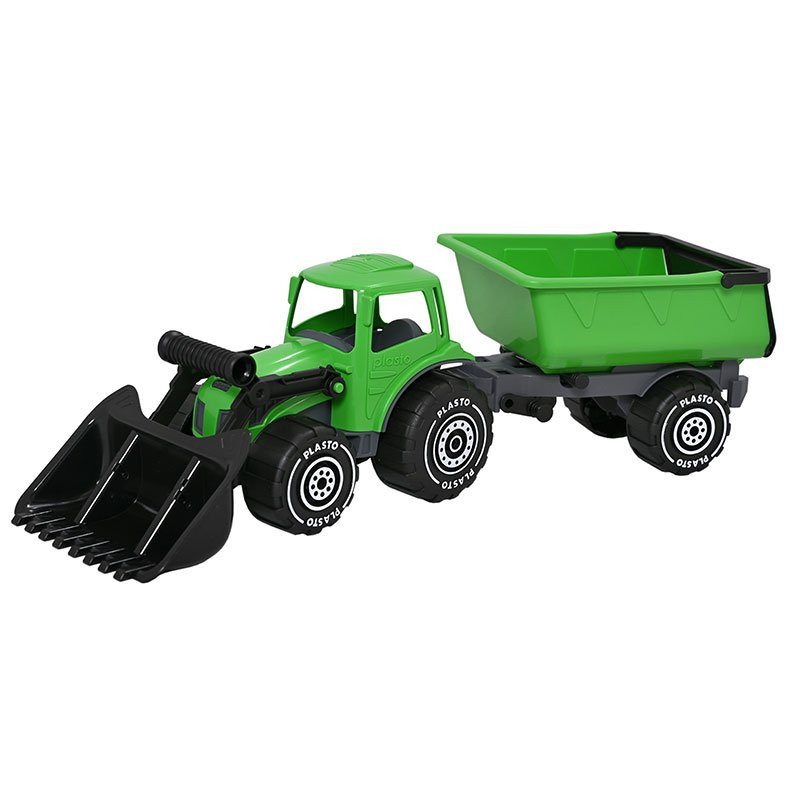 Stor traktor med frontlaster og tilhenger grønn 56 cm